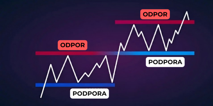 Predstavitveni graf gibanja cene s prikazom točk odpora in podpre pri trgovanju s kriptovalutami (support in resistance) - tehnična analiza