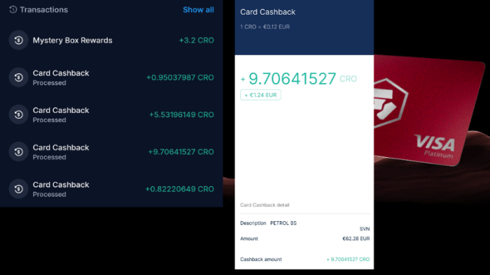 Vmesnik s prikazanimi popusti pri plačilu s Crypto.com VISA kartico - cashback